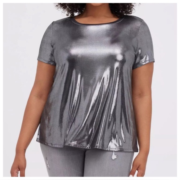torrid Tops - Torrid Liquid Shine Silver Metallic Top 4X Crew Neck Tee